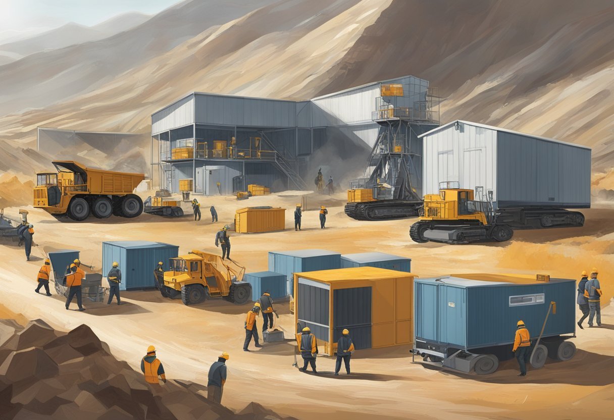 A remote mining site with temporary housing, dining facilities, and equipment storage. Workers in uniform commuting to and from their shifts