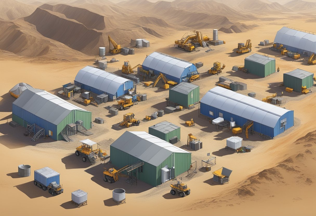 A remote mining camp with temporary housing, dining facilities, and a central meeting area for FIFO employees