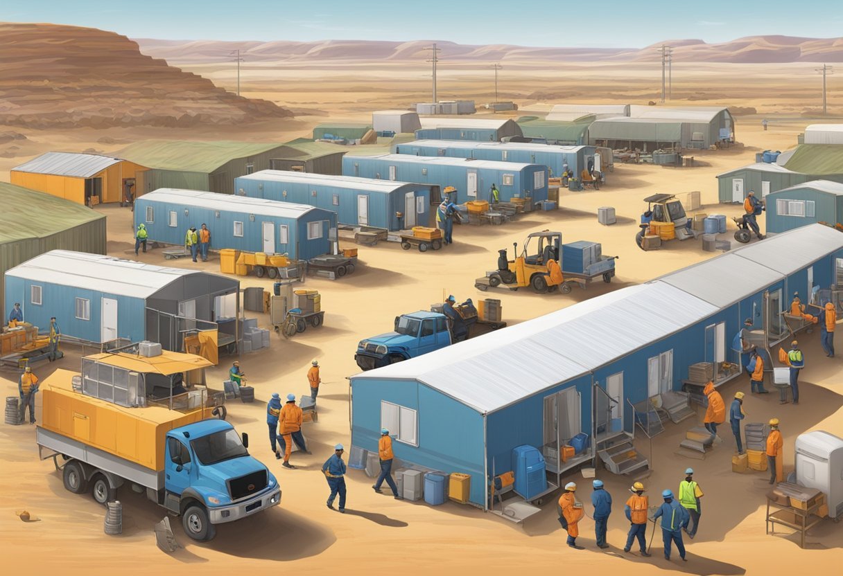 A FIFO camp with workers commuting to remote sites, living quarters, and on-site work facilities