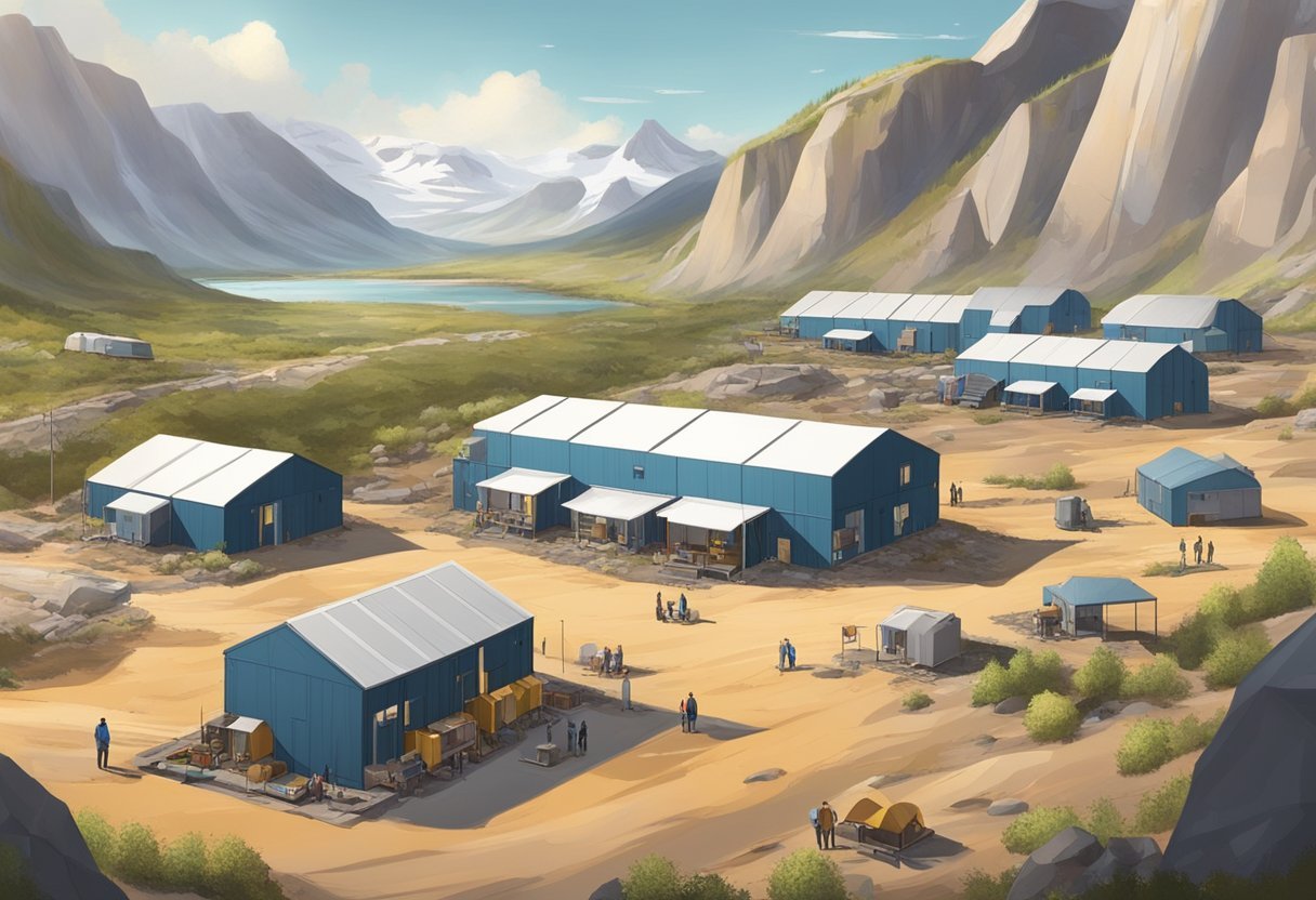 A remote mining camp, with temporary housing, dining hall, and work facilities, surrounded by rugged natural landscape