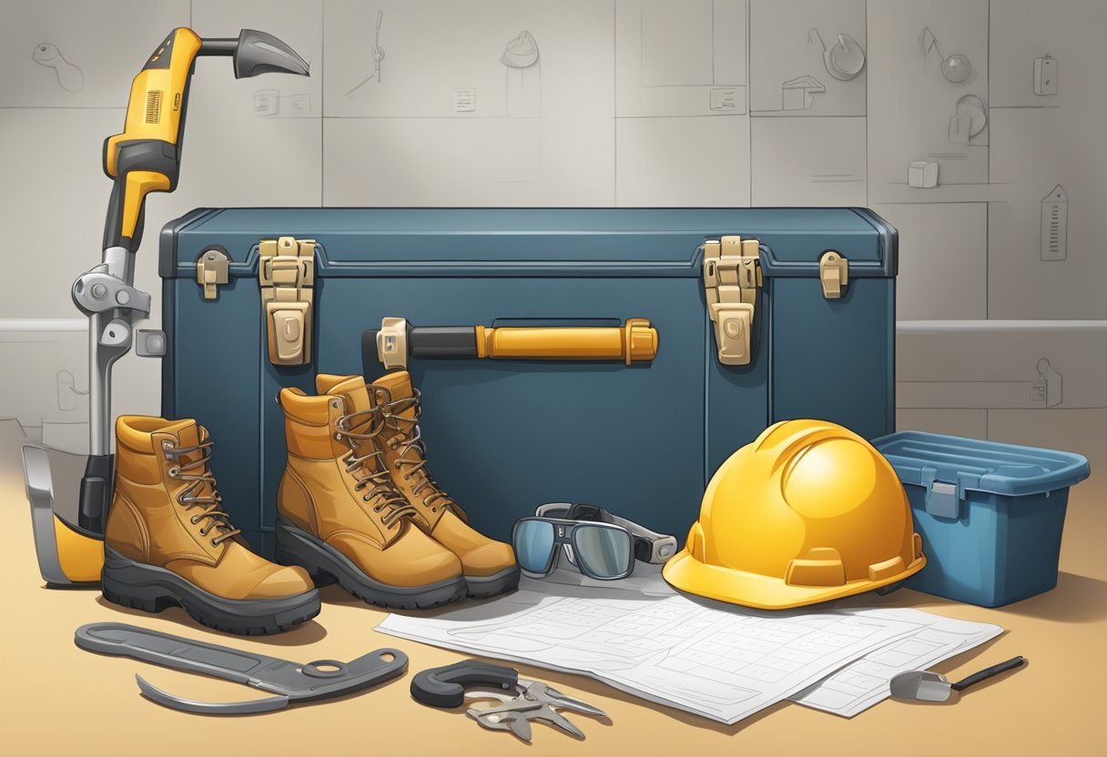 A worker packs gear for FIFO lifestyle: hard hat, safety boots, tools, and personal items. A calendar on the wall shows the rotation schedule