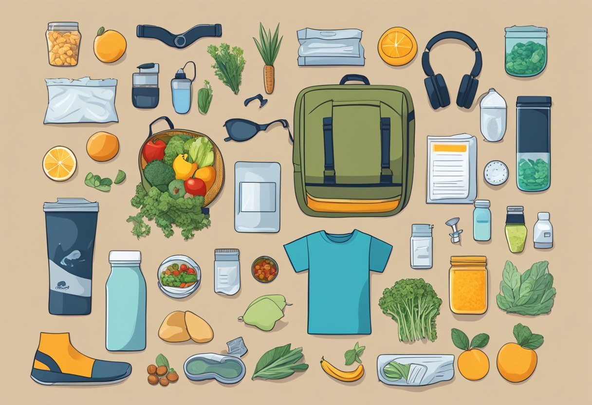 A person packing healthy food, exercise equipment, and mental health resources for a FIFO lifestyle