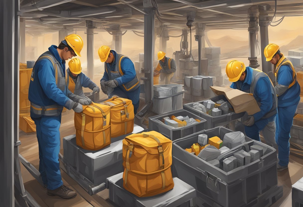 Workers packing bags, organizing supplies, and adjusting to FIFO lifestyle in a mining or oil rig setting