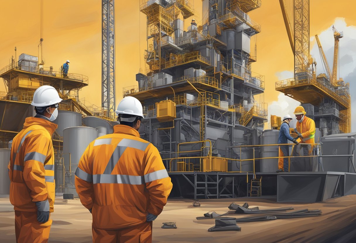 Workers in high-visibility gear gather safety gear, PPE, and compliance documents. Machinery and equipment are checked and prepared for FIFO work on a remote oil rig or mining site