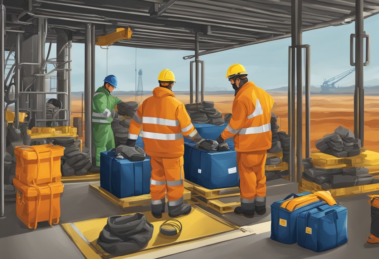 FIFO Lifestyle What to Expect and How to Adapt, Workers packing bags, safety gear, and equipment for FIFO lifestyle on an oil rig. Adapting to FIFO schedule and preparing for mining work